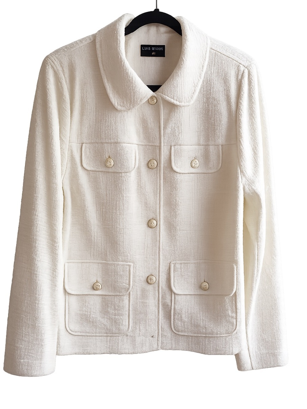 Lane Bryant White Bouclé Tweed Jacket Coat Gold Crest Buttons Size 16W Classic